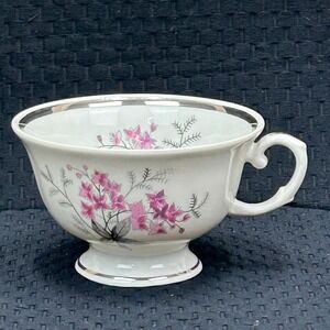 Karolina Poland China Teacup Pink Floral Silver Trim Vintage Porcelain 3879 15
